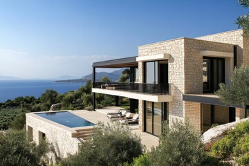Fototapeta premium Discover an exquisite modern villa that boasts breathtaking panoramic sea views and an infinity pool, all nestled in a sunny coastal paradise