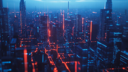 Obraz premium Smart digital Innovation city with connection network reciprocity over the twilight cityscape. of future smart wireless digital city and social media networking systems that connects people with city 