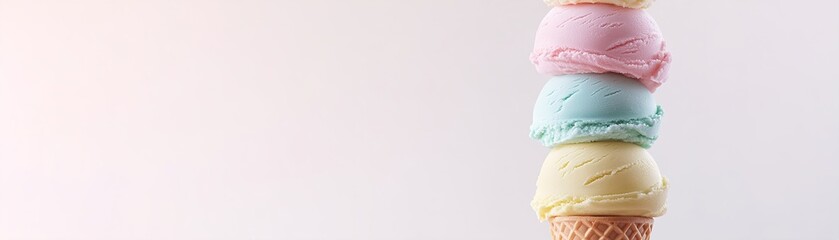 A vibrant tower of 3D ice cream scoops in shades of red, orange, yellow, green, blue, and purple is perfectly stacked on a waffle cone. The clean background offers ample space for text