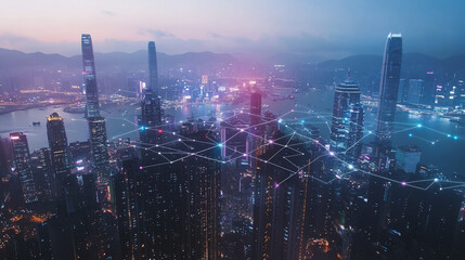 Fototapeta premium Smart digital Innovation city with connection network reciprocity over the twilight cityscape. of future smart wireless digital city and social media networking systems that connects people with city 