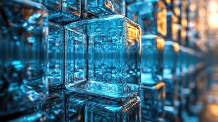 A close-up view of a transparent blue 3D bar chart illustrating a rising trend.