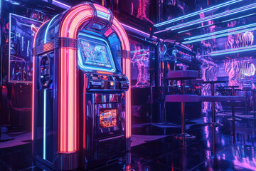Fototapeta premium Neon-lit jukebox in a retro diner creating a vibrant and colorful nostalgic atmosphere.