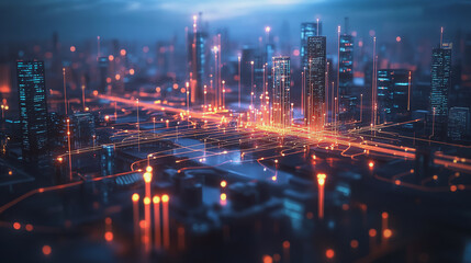 Fototapeta premium Smart digital Innovation city with connection network reciprocity over the twilight cityscape. of future smart wireless digital city and social media networking systems that connects people with city 