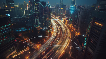 Fototapeta premium Smart digital Innovation city with connection network reciprocity over the twilight cityscape. of future smart wireless digital city and social media networking systems that connects people with city 