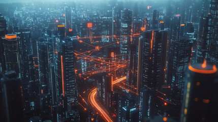 Fototapeta premium Smart digital Innovation city with connection network reciprocity over the twilight cityscape. of future smart wireless digital city and social media networking systems that connects people with city 