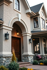 Fototapeta premium Elegant Home Exterior: Modern Architecture and Landscaping Design. Luxury Real Estate Property with Classic Style and Stone Facade. Beautiful Entrance and Pathway.