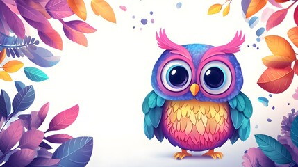 Naklejka premium Colorful Cartoon Owl Surrounded by Vibrant Autumn Leaves