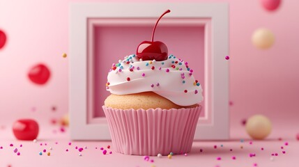 Colorful Cupcake with Cherry and Sprinkles on Pink Background