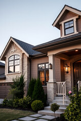 Obraz premium Luxury Modern Home Exterior: Elegant Stone Facade, Landscaping, and Evening Lighting
