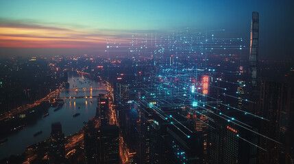 Fototapeta premium Smart digital Innovation city with connection network reciprocity over the twilight cityscape. of future smart wireless digital city and social media networking systems that connects people with city 