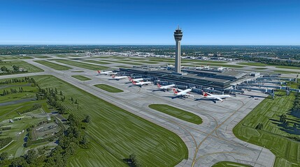 Naklejka premium Munich Airport: Aerial View of Airplanes, Terminal, and Control Tower