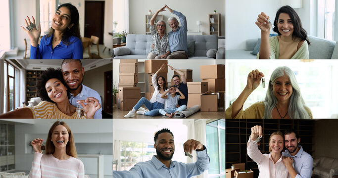 Multiple videos, collage of multi-ethnic young, mature people, families celebrate relocation day to own or rented house smile looking at camera showing bunch of keys. New house, bank loan, investment - Powered by Adobe