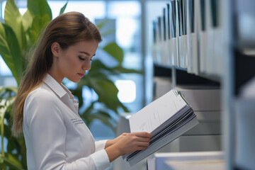 Fototapeta premium A woman organizing files in a corporate office