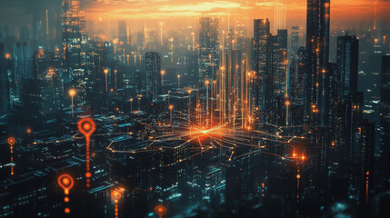 Obraz premium Smart digital Innovation city with connection network reciprocity over the twilight cityscape. of future smart wireless digital city and social media networking systems that connects people with city 
