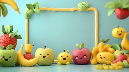 Fototapeta premium Colorful and Playful Cartoon Fruits with Happy Faces and Frame