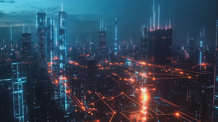 Fototapeta premium Smart digital Innovation city with connection network reciprocity over the twilight cityscape. of future smart wireless digital city and social media networking systems that connects people with city 