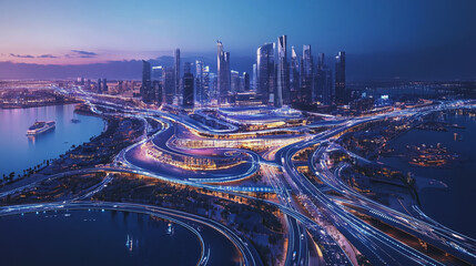 Smart digital Innovation city with connection network reciprocity over the twilight cityscape. of future smart wireless digital city and social media networking systems that connects people with city
