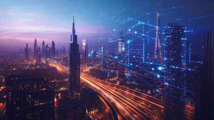 Naklejka premium Smart digital Innovation city with connection network reciprocity over the twilight cityscape. of future smart wireless digital city and social media networking systems that connects people with city 