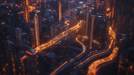 Obraz premium Smart digital Innovation city with connection network reciprocity over the twilight cityscape. of future smart wireless digital city and social media networking systems that connects people with city 