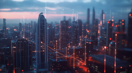 Fototapeta premium Smart digital Innovation city with connection network reciprocity over the twilight cityscape. of future smart wireless digital city and social media networking systems that connects people with city 