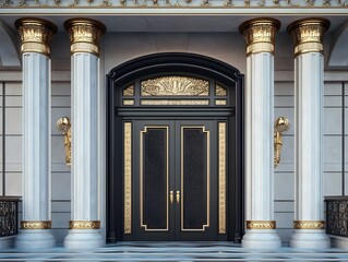 Fototapeta premium Majestic Mansion Entrance with Grandiose Golden Doors and Dramatic Stone Pillars