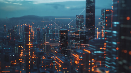Fototapeta premium Smart digital Innovation city with connection network reciprocity over the twilight cityscape. of future smart wireless digital city and social media networking systems that connects people with city 