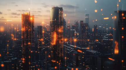 Fototapeta premium Smart digital Innovation city with connection network reciprocity over the twilight cityscape. of future smart wireless digital city and social media networking systems that connects people with city 