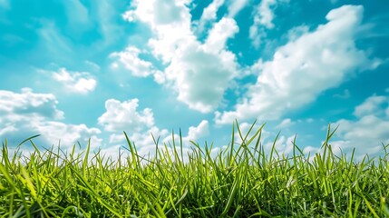 Obraz premium Green grass and blue sky with white clouds. Beautiful summer landscape.