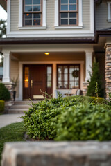 Luxury Home Exterior: Modern Architecture and Landscaping Design. A captivating view of a beautiful house with a well-maintained garden, showcasing modern architectural design and landscaping.