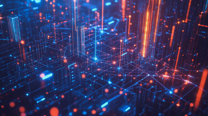 Fototapeta premium Smart digital Innovation city with connection network reciprocity over the twilight cityscape. of future smart wireless digital city and social media networking systems that connects people with city 