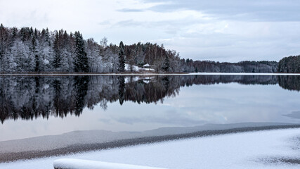 winter landscape with calm lake, white trees, reeds, reflections of the still lake, enchanting peace in nature, Vaidava Lake, Latvia