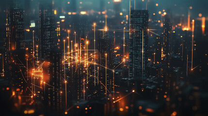 Fototapeta premium Smart digital Innovation city with connection network reciprocity over the twilight cityscape. of future smart wireless digital city and social media networking systems that connects people with city 