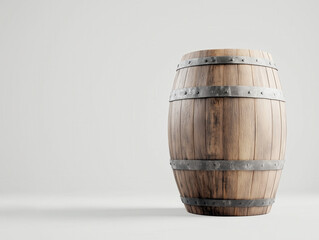Obraz premium Wooden Barrel on White Background: Rustic Storage Container with Metal Bands
