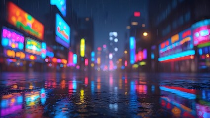 Blurred lights in a city street with soft reflections on wet pavement
