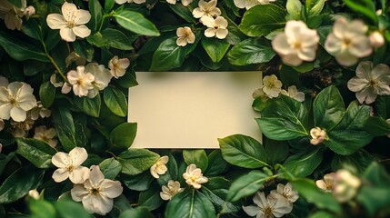 Elegant White Card Surrounded by Lush Green Leaves and Vibrant Flowers Creating a Fresh and Natural Atmosphere Perfect for Invitations Announcements or Personal Messages in a Garden