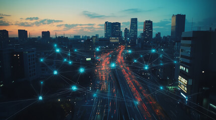 Fototapeta premium Smart digital Innovation city with connection network reciprocity over the twilight cityscape. of future smart wireless digital city and social media networking systems that connects people with city 