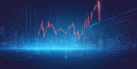 Obraz premium Blue Stock Market Background with Glowing Candlestick Chart and Line Graph, Financial Business Concept for Online Crash Course, Abstract Trading Graph and Growth Arrow on Dark Blue Background