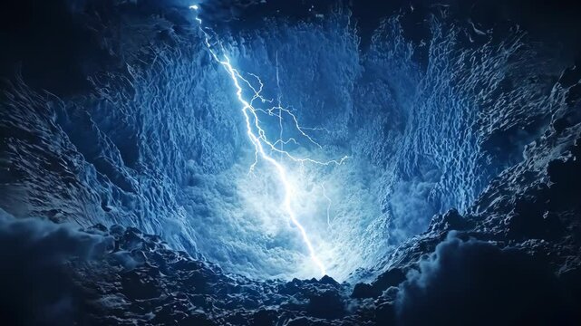Lightning strikes create dramatic illumination in a deep, rocky cavern during a stormy night