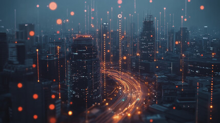 Naklejka premium Smart digital Innovation city with connection network reciprocity over the twilight cityscape. of future smart wireless digital city and social media networking systems that connects people with city 