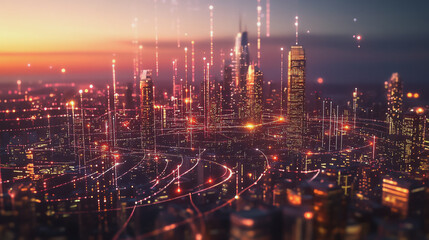 Fototapeta premium Smart digital Innovation city with connection network reciprocity over the twilight cityscape. of future smart wireless digital city and social media networking systems that connects people with city 