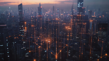 Smart digital Innovation city with connection network reciprocity over the twilight cityscape. of future smart wireless digital city and social media networking systems that connects people with city
