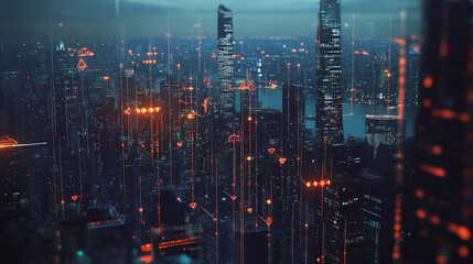 Fototapeta premium Smart digital Innovation city with connection network reciprocity over the twilight cityscape. of future smart wireless digital city and social media networking systems that connects people with city 
