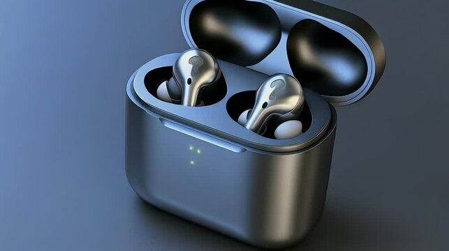 Wireless earbuds charging case, dark background, technology