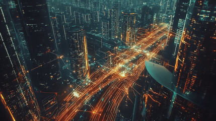 Fototapeta premium Smart digital Innovation city with connection network reciprocity over the twilight cityscape. of future smart wireless digital city and social media networking systems that connects people with city 