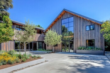 Modern wooden house with large windows and landscaped garden set in a serene neighborhood under a clear blue sky during daytime