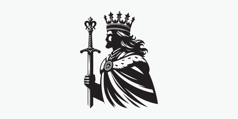 King with Sword and Crown silhouette Cartoon vector icon