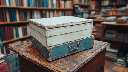 Obraz premium Vintage wooden box on a table with a blurred background of bookshelves in a library.
