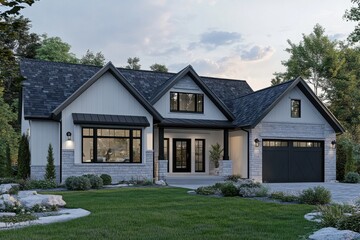 Obraz premium Modern residential architecture showcases a charming home with a detailed facade against a serene natural backdrop during late afternoon