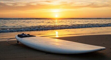 Surfboard on sandy beach at sunset with golden horizon and gentle waves
