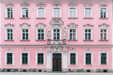 Obraz premium Historic pink building with ornate architecture showcasing sculptures and detailed window designs in a city neighborhood during daylight hours